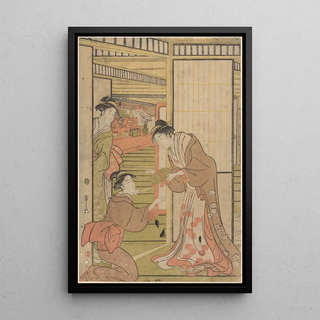 Three women at the open door - Eishi Hosoda — framed artwork on a wall