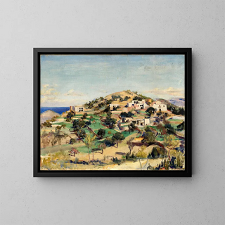 Hill with White Houses - Eleanor Harris — framed artwork on a wall