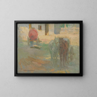 Farmyard painting with draft horses - Elemér Halász-Hradil — framed artwork on a wall
