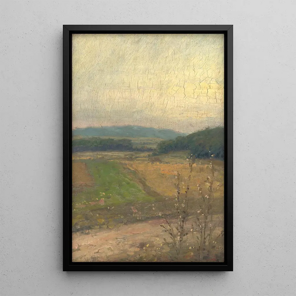 Landscape painting with hills in the background - Elemér Halász-Hradil — framed artwork on a wall