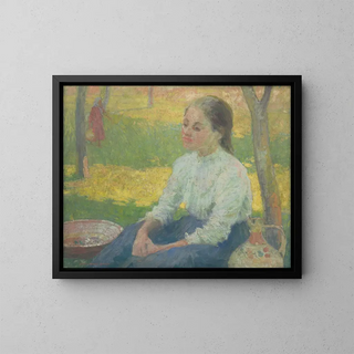 Peasant girl in a garden - Elemér Halász-Hradil — framed artwork on a wall