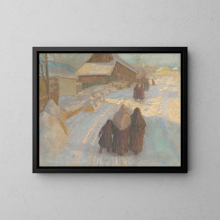 Winter in the Village - Elemér Halász-Hradil — framed artwork on a wall