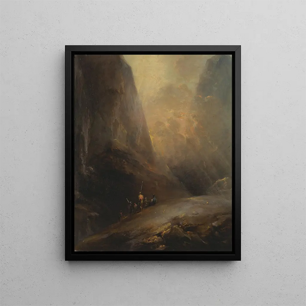 Mountain landscape painting with bandits - Elias Martin — framed artwork on a wall