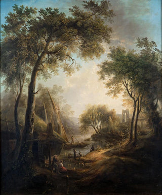 Summer landscape painting with water and tall trees - Elias Martin — artwork view