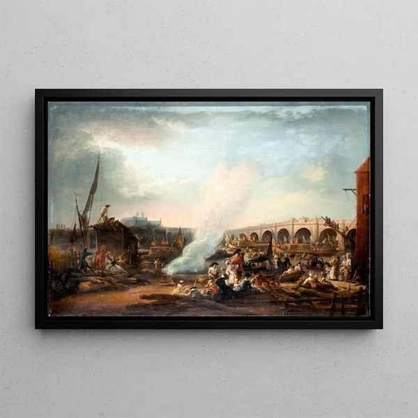 Westminster Bridge and the procession on the Thames of King Christian VII of Denmark in 1769 - Elias Martin — framed artwork on a wall
