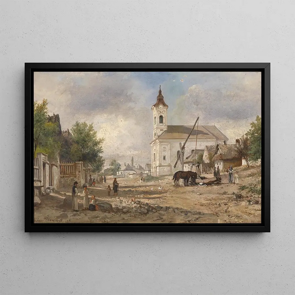 Parvis de l'église avec fontaine - Elias Pieter van Bommel — framed artwork on a wall
