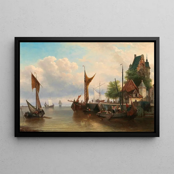 Sailboats in the port - Elias Pieter van Bommel — framed artwork on a wall