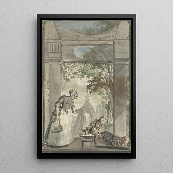 Servante près d'un Garçon Faisant Tomber un Enfant d'une Brouette - Elias van Nijmegen — framed artwork on a wall