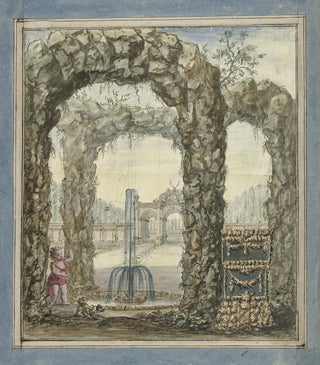 Project of painting for a room with stone arches, a fountain, and a view of a garden - Elias van Nijmegen — artwork view