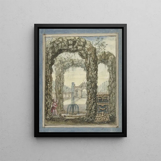 Project of painting for a room with stone arches, a fountain, and a view of a garden - Elias van Nijmegen — framed artwork on a wall