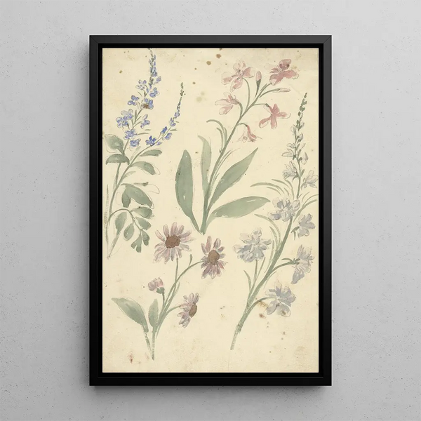 Four studies of pink and blue flowers - Elias van Nijmegen — framed artwork on a wall