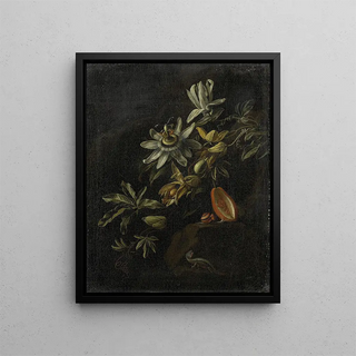 Still life with passiflores - Elias van den Broeck — framed artwork on a wall