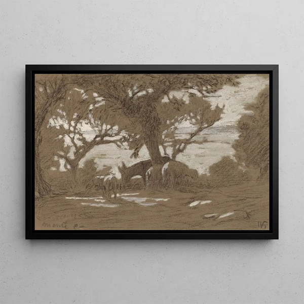 Mont Colognola, sheep grazing on Lake Trasimène - Elihu Vedder — framed artwork on a wall