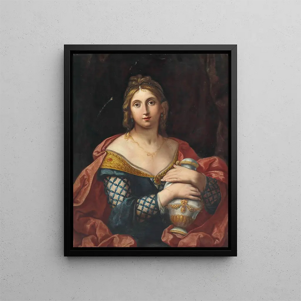 Portrait of a lady half-length as Pandora or Artemisia - Elisabetta Sirani — framed artwork on a wall