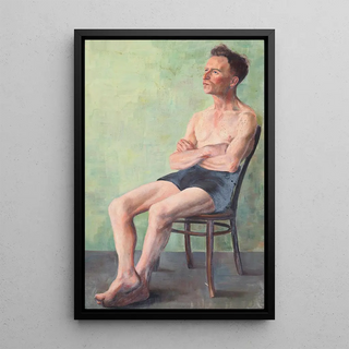 Untitled painting of a seated man on a chair - Elizabeth Berry — framed artwork on a wall