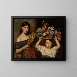 Two young children with a basket of flowers - Elizabeth Emma Soyer — framed artwork on a wall