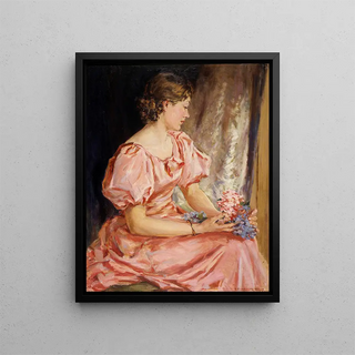 Portrait of Lorna, the girl in pink - Elizabeth Kelly — framed artwork on a wall