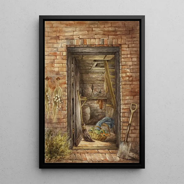Brick wall painting with open door and shovel - Elizabeth Murray — framed artwork on a wall