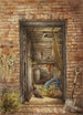 Brick wall painting with open door and shovel - Elizabeth Murray — artwork view