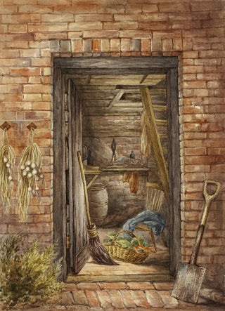 Brick wall painting with open door and shovel - Elizabeth Murray — artwork view