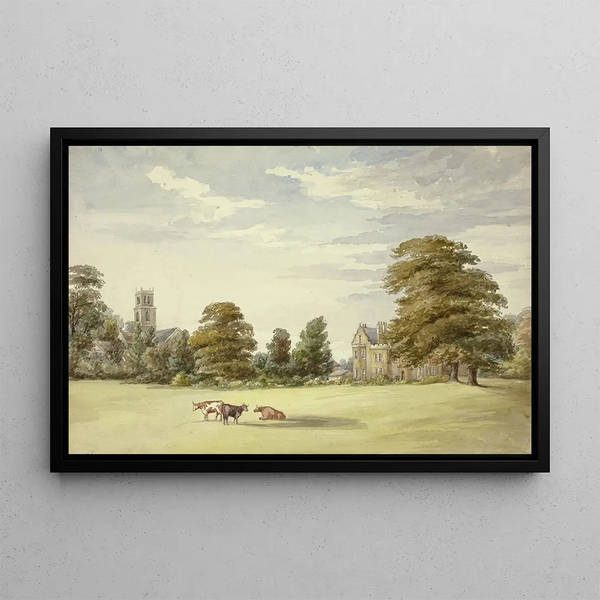 Cows in front of the manor and the church - Elizabeth Murray — framed artwork on a wall