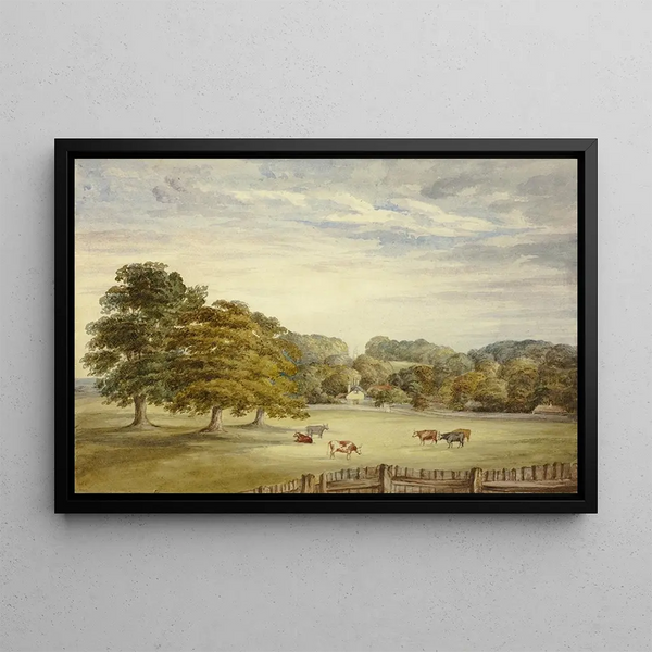 Six cows grazing in front of a country house - Elizabeth Murray — framed artwork on a wall