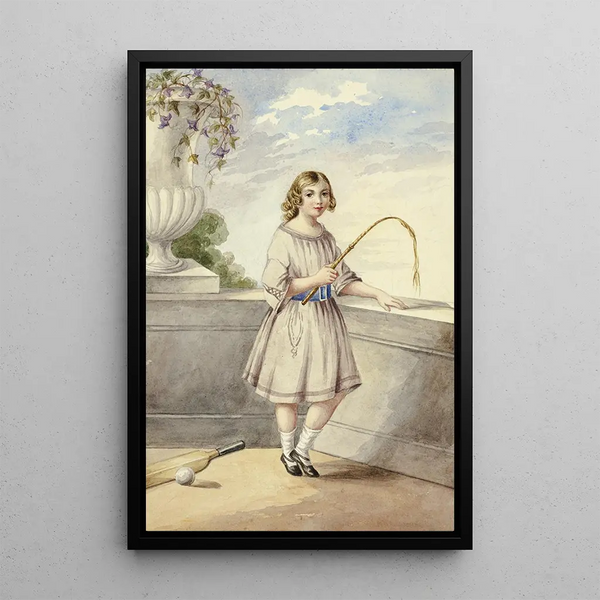 Young girl with sickle and cricket bat - Elizabeth Murray — framed artwork on a wall