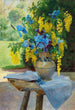 a floral bouquet with irises and laburnum - Ella Wetzko-Ehrenberger — artwork view