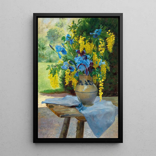 a floral bouquet with irises and laburnum - Ella Wetzko-Ehrenberger — framed artwork on a wall