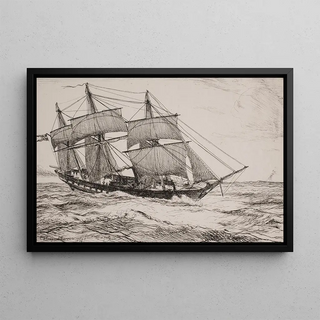 A war schooner - Emanuel Larsen — framed artwork on a wall