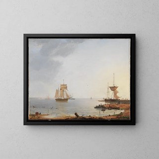 Boats off the coast of Zeeland in the morning - Emanuel Larsen — framed artwork on a wall