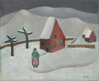 Winter Landscape Painting with Red House - Emanuel Schättli — artwork view