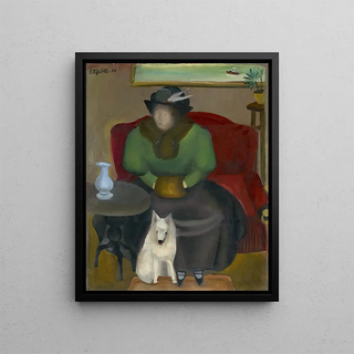 Woman in Fur with Dog - Emanuel Schättli — framed artwork on a wall