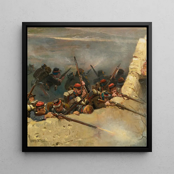 Embusqués Behind A Wall of Infantrymen From The Fragment of the Panorama of the Battle of Champigny - Jean-Baptiste Édouard Detaille — framed artwork on a wall