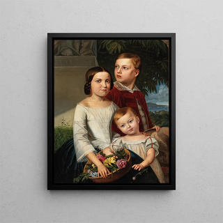 Three siblings in the background The bay of Rio de Janeiro with Sugarloaf Mountain - Emil Bauch — framed artwork on a wall