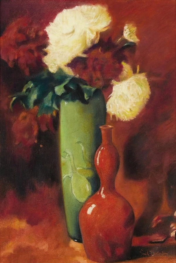 Bouquet de fleurs et vases - Emil Carlsen — framed artwork on a wall