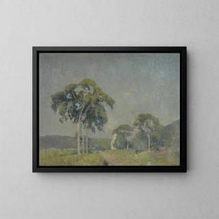 Landscape painting with trees - Emil Carlsen — framed artwork on a wall