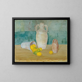 Still life with stone jugs and lemons - Emil Kraus — framed artwork on a wall
