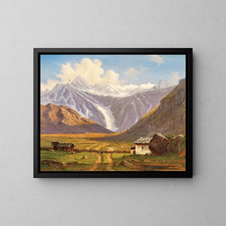 a mountain pasture with an alpine chalet - Emil Ludwig Lühr — framed artwork on a wall