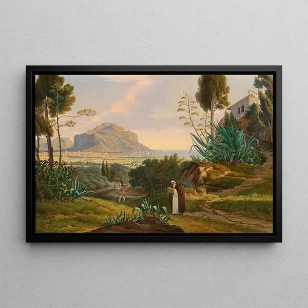 Vue de la baie de Palerme avec le Monte Pellegrino - Emil Ludwig Lühr — framed artwork on a wall