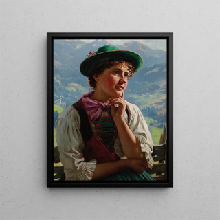 Girl in traditional costume in an Alpine landscape - Emil Rau — framed artwork on a wall