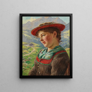 Girl in a Mountain Setting - Emil Rau — framed artwork on a wall