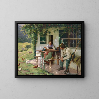 Young couple in front of a farm - Emil Rau — framed artwork on a wall