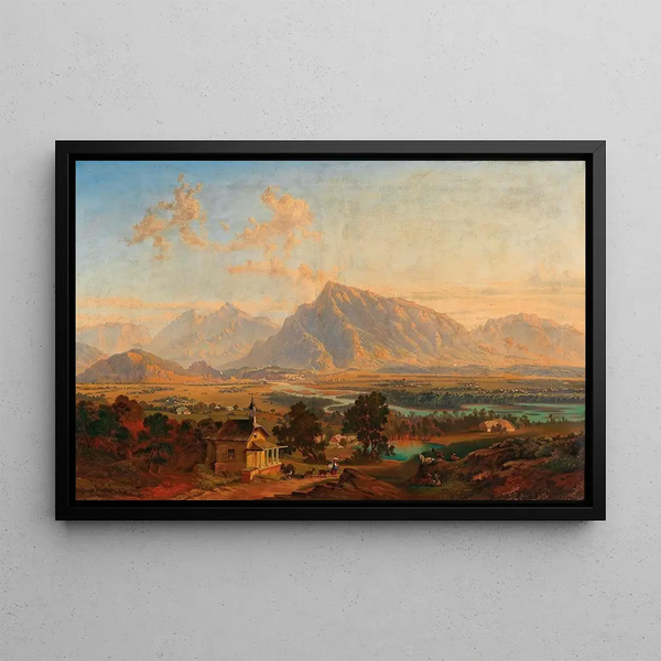 Salzbourg painting with the Untersberg in the distance - Emil Theodor Richter — framed artwork on a wall