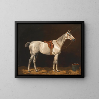 A white horse in a stable - Emil Volkers — framed artwork on a wall