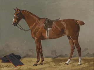 Brown horse saddled in the stable - Emil Volkers — artwork view
