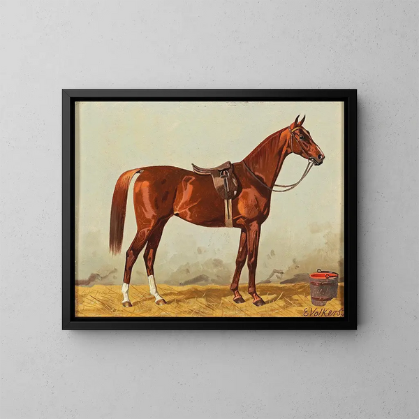 Horse in the stable with a saddle blanket - Emil Volkers — framed artwork on a wall