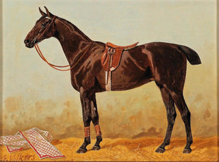 Horse in the stable with a saddle blanket - Emil Volkers — artwork view