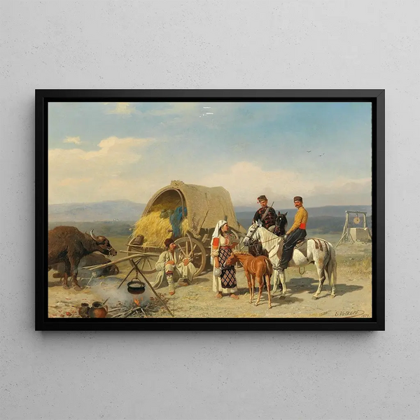 Romanian Peasants with Patrol - Emil Volkers — framed artwork on a wall