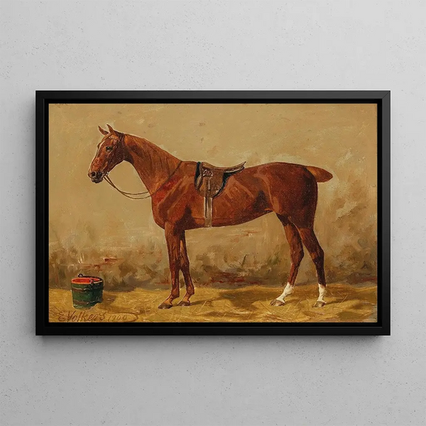 Alezan sellé dans l'écurie - Emil Volkers — framed artwork on a wall